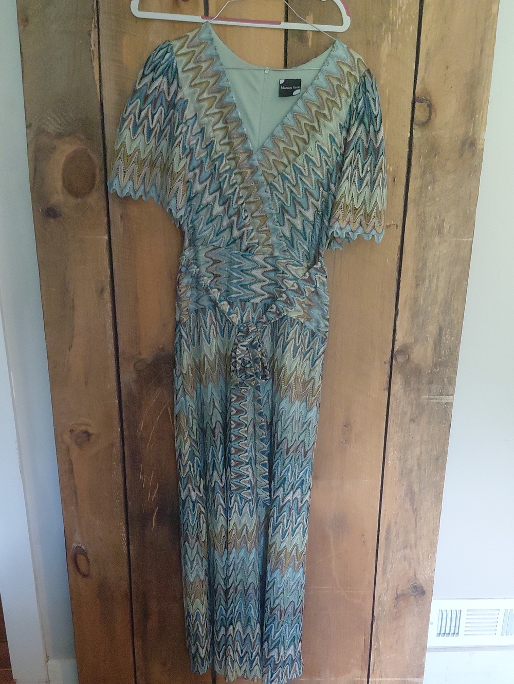 Maison Tara Aqua, Tan & Olive Chevron Wrap Maxi Dress